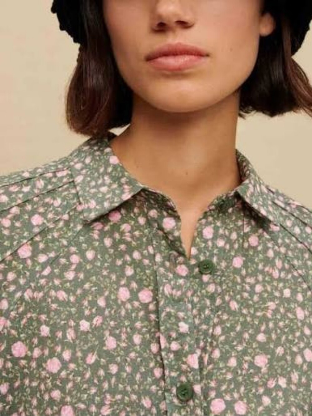 Maje Button-Down Shirt Sage Green with Rosebud Print FR 1, US 4, NWT